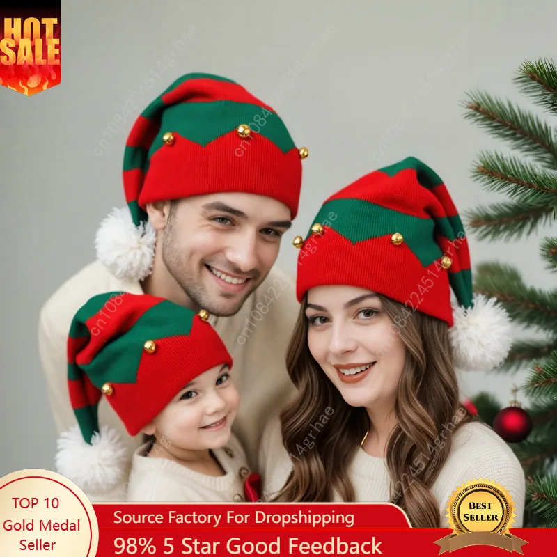 

Christmas Knitted Wool Hat For Mother And Kids Red Color-Block Design, With Bells, Festive Christmas Hat For Winter