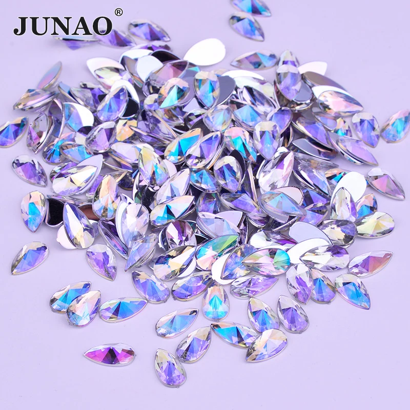 JUNAO 8*13mm 9*18mm Red AB Teardrop Rhinestone Applique Flatback Acrylic Crystal Non Sewing Diamond Beads For Needlework