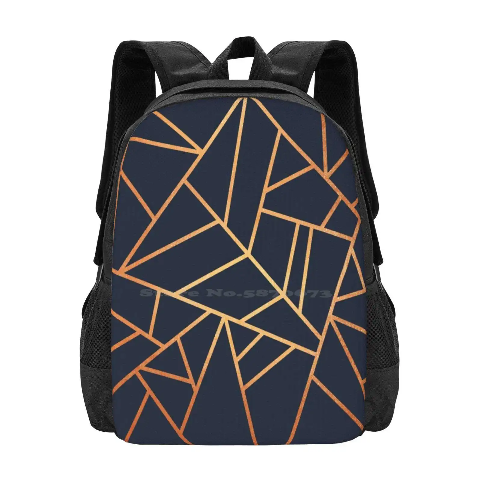 Mochilas escolares de viaje con diseño de patrón azul marino de cobre y medianoche, patrón gráfico de líneas abstractas, mosaico de geometría moderna