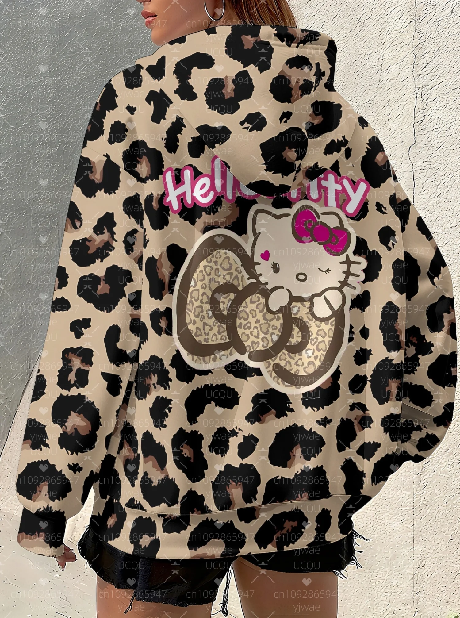 2025 mulheres plus size leopardo olá kitty impressão moletom com capuz ao ar livre all-match hoodie feminino menina topos roupas femininas
