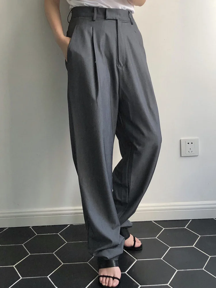 

High Waist Gray Long Pleated Wide Leg Casual Pants New Loose Fit Trousers Women Fashion Tide Spring Autumn 2023 M331