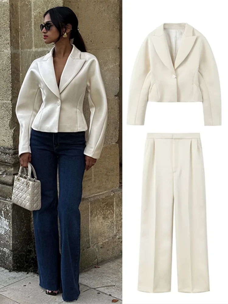 

Элегантный белый короткий пиджак, брюки, женский комплект с v-образным вырезом и лацканами на одной пуговице, тонкое пальто с высокой талией, брюки на молнии, женские комплекты из 2 предметов