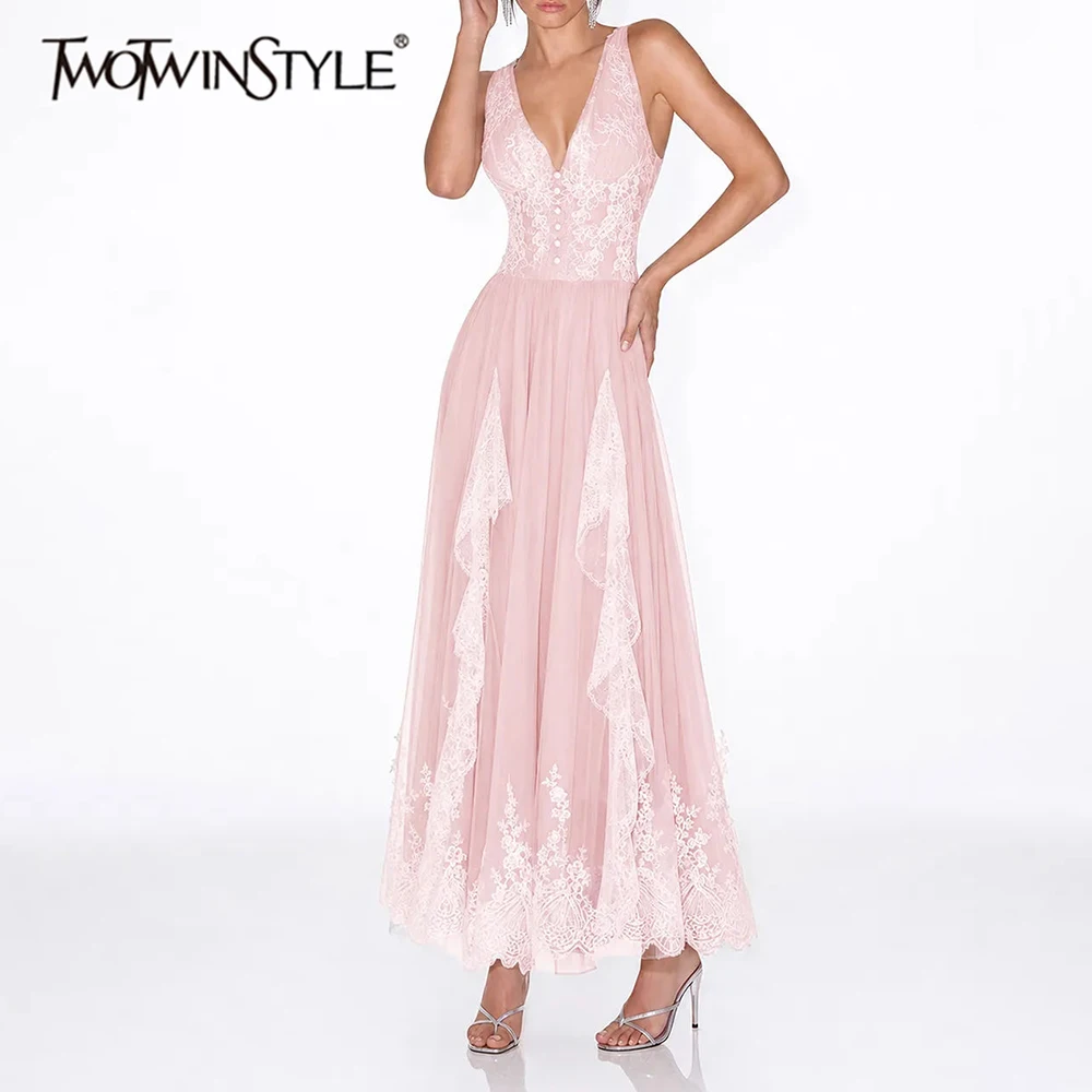 TWOTWINSTYLE Solid Spliced Lace Slimming Maxi Dress for Women V Neck Sleeveless Patchwork Zipper Mesh Casual Dresses Female New