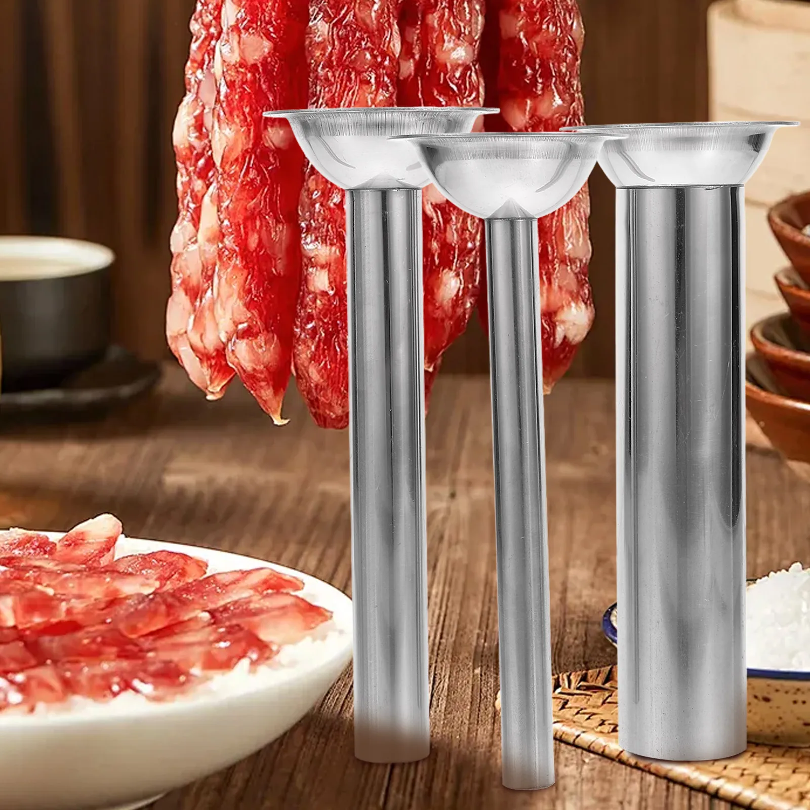 

3pcs Stainless Steel Sausage Stuffer Filler Tubes Safe Meat Tools Homemade Kits Kitchen Accessories Parts