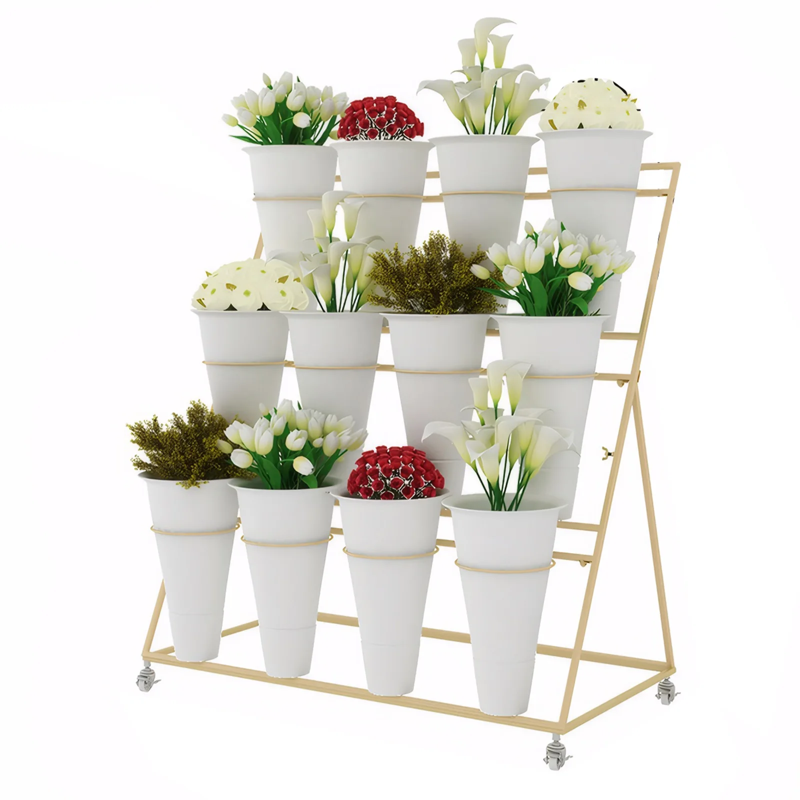 

Flower Display Stand 3 Tier Metal Moving Plant Cart Shelf Golden Frame Metal Shelf for Patio Garden Outdoor Flower Pop-Up Events