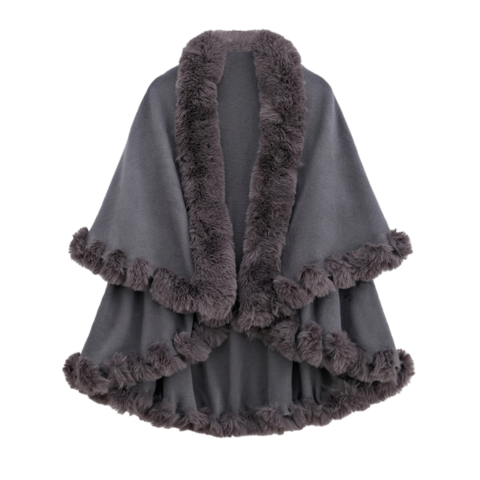 

New Winter Thicken Mink Wool Full Trims Faux Fur Cape for Women Hooded Loose Fleece Cloak Coat Party Dress Wraps Warm 2025