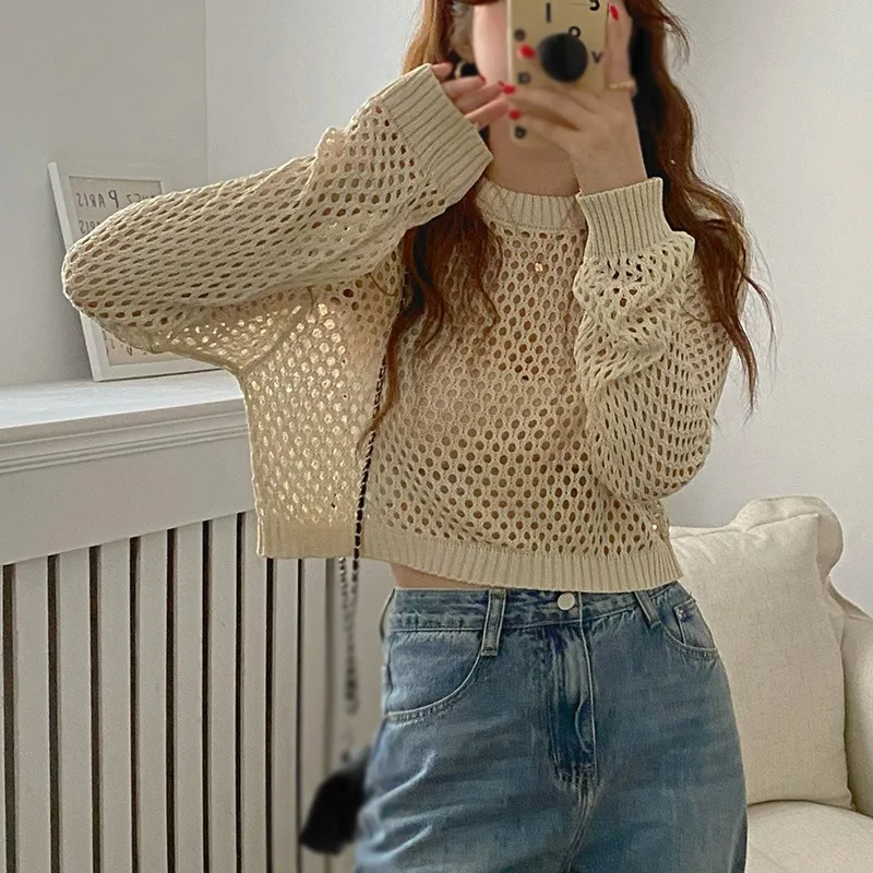 Thin Long Sleeved Sun Protection Knitted Sweater For Summer Women\'s Hollowed Out Top With Breathable Suspender And Short Top