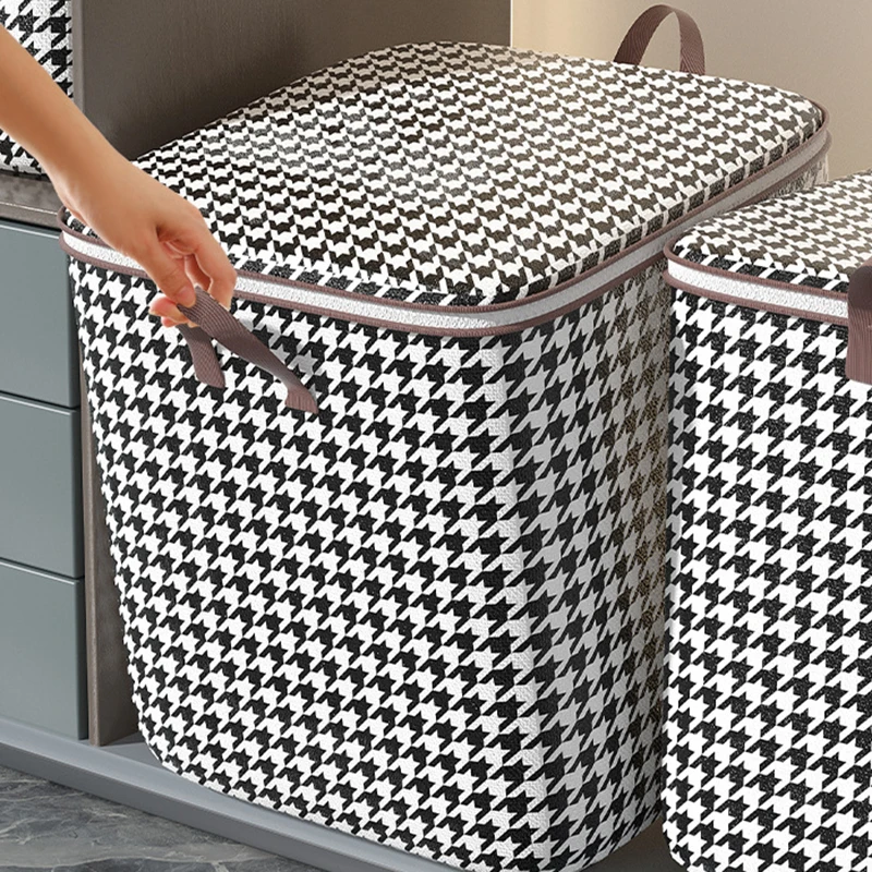 Quilt Clothes Storage Bag Large Capacity Houndstooth Wardrobe Storage Bags Foldable Dustproof Home Organizer Big Moving Bag New