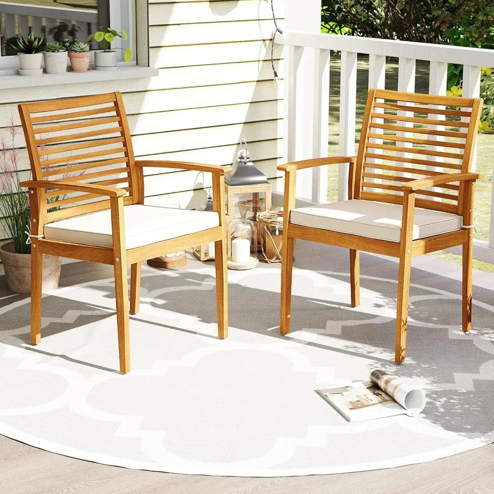 

Patio Wood Dining Chairs Set of 2, Outdoor Acacia Armchairs w/Removable Padded Cushion, Slatted Backrest, 400 LBS Weigh Capacity