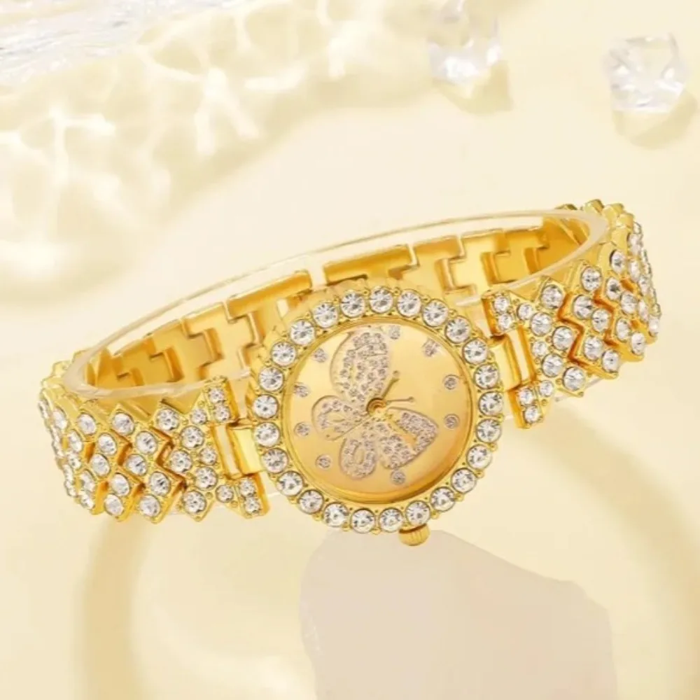 2pcs/Set Elegant Diameter 1.2inch Watch Bracelet Set Digital Scale Steel Strap Dress Watches Butterfly Quartz Wristwatch Woman