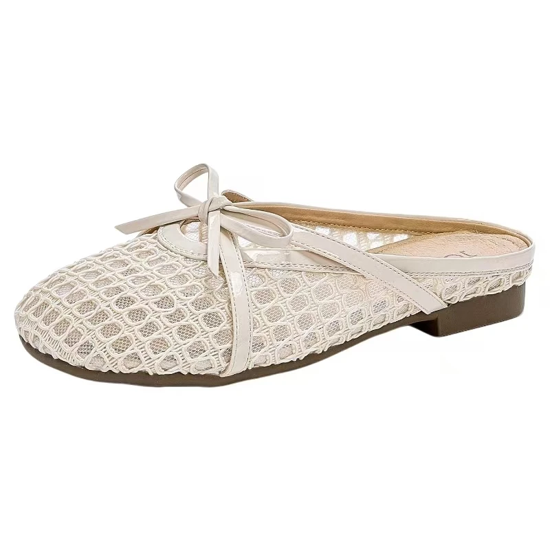 

Женские летние сетчатые тапочки большого размера Baotou, мягкая подошва, нескользящие дышащие уличные полутапочки с бантом, сандалии на плоской подошве