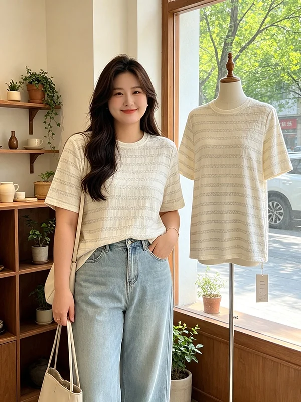 

Loose Fit round Neck T-Shirt Women's Summer New Korean Style Breathable Slimming Texture Cool Feeling Short Sleeve Top