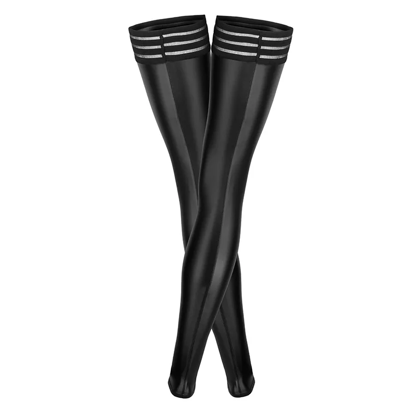 

Wetlook Shiny Stockings Women Patent Leather Footless Thigh-high Striped Hem Stretchy Thigh High Long Stockings Plus Size XL XXL