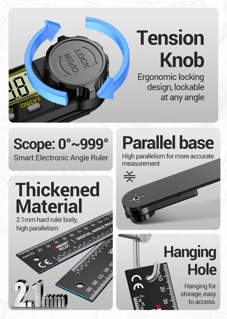 ANENG RC01 Digitaler Winkelmesser 0,0‑999,9 ° Nullpunkt-Reset, Datenhaltefunktion, automatische Abschaltung, Präzisions-Messwerkzeug für die Holzbearbeitung – Detail 5
