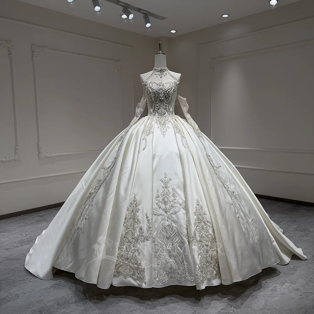 

Свадебное платье с открытыми плечами, атласное, бальное, с бисерной отделкой, фасон «принцесса», с длинными рукавами, на заказ, для невесты.