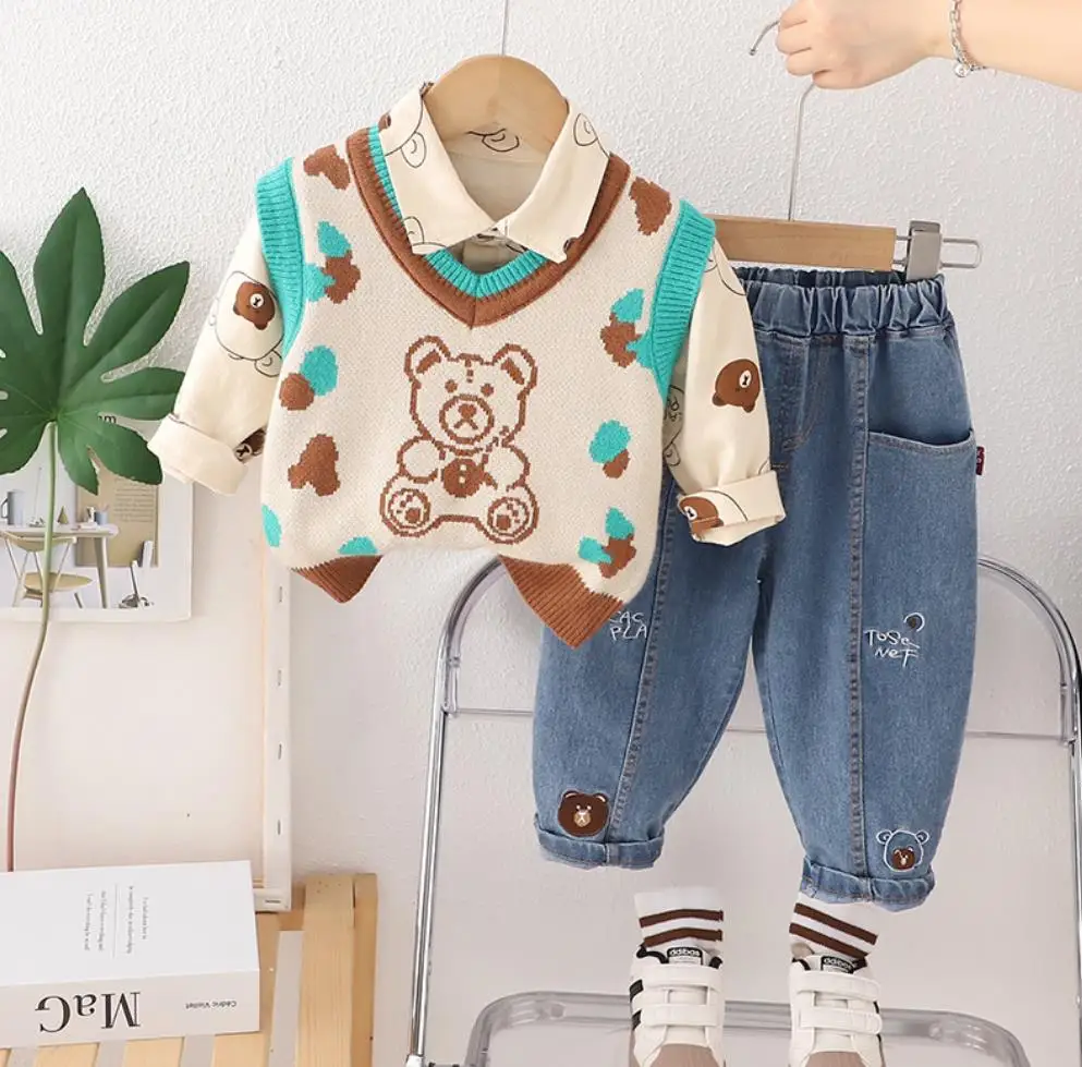 Kids Sweater Sets 2024 New Foreign Style Baby Boys Clothes Cartoon Bear Knitted Vest+Shirts+Pants 3PCS Outfits Boy Jogging Suit