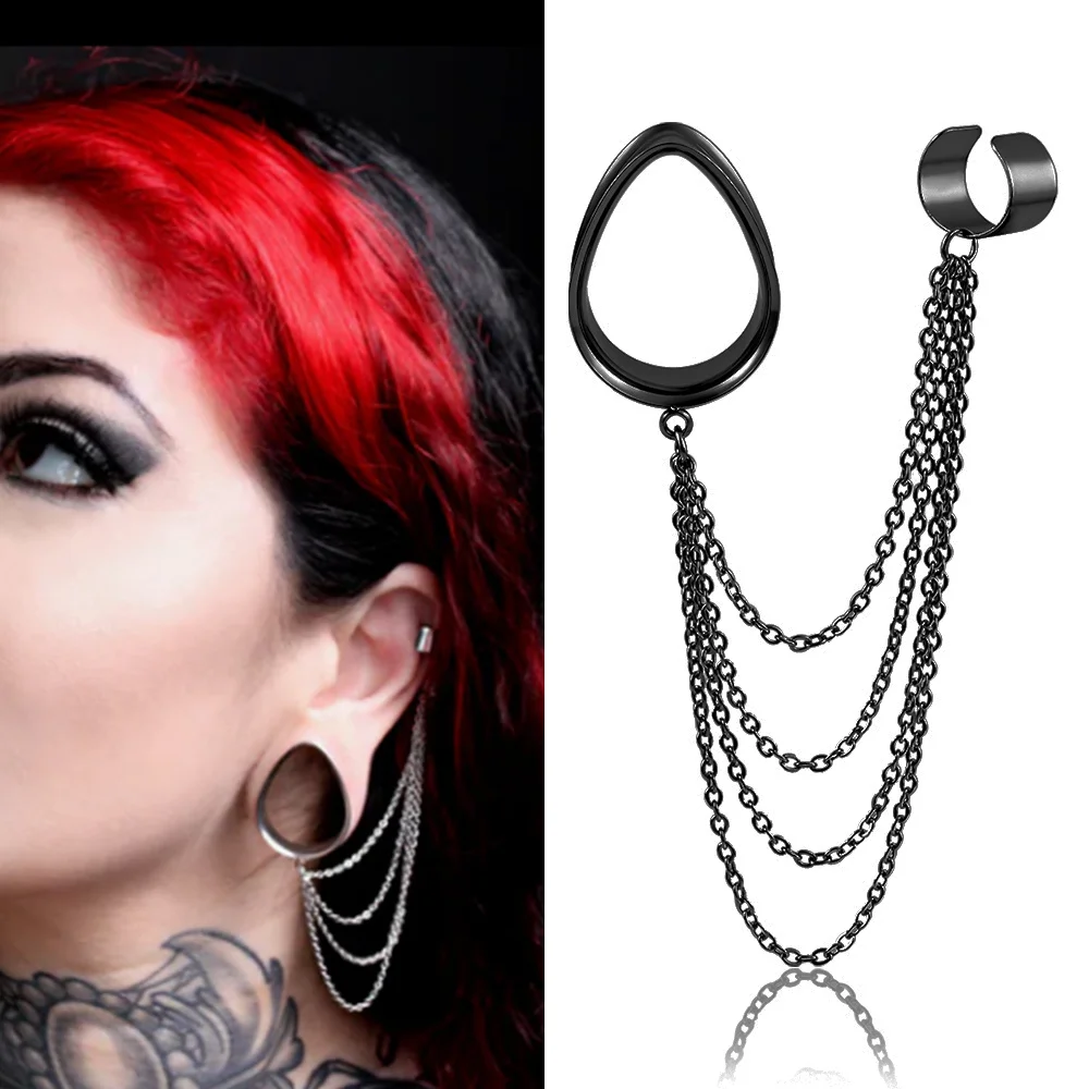 

Doearko 2PCS Fashion Heart Ear Gauges Tunnels Chain Stud Ear Clip for Women Hip Hop Double Cartilage Ear Lobe Cuff Earrings