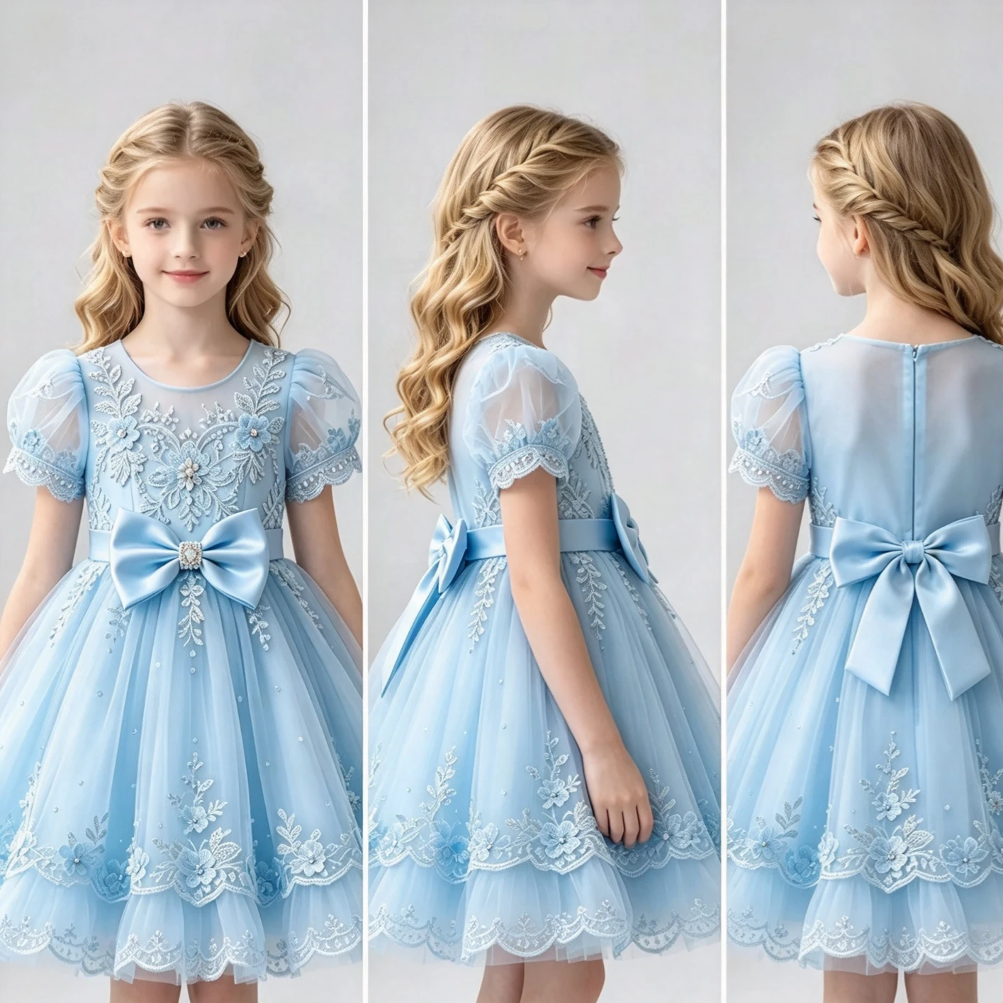 Customized Flower Girl Dress For Wedding Lace Appliques Short Sleeve Knee Length Elegant Kids Birthday First Communion Gown