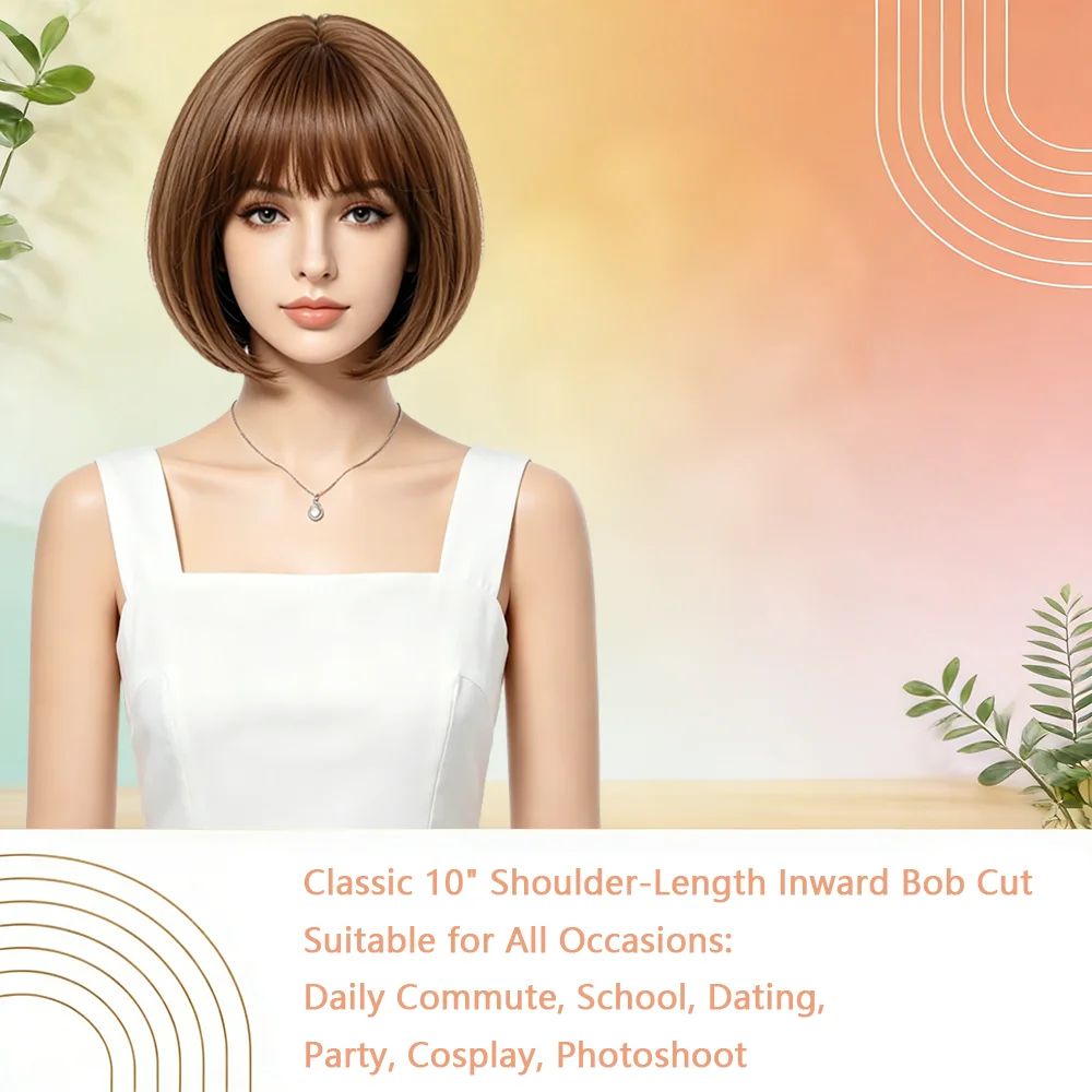 Short Gradient Brown Bob Wig With Bangs Natural Looking Straight Bob Wigs For Women Heat Resistant Synthetic Hair Daily Use