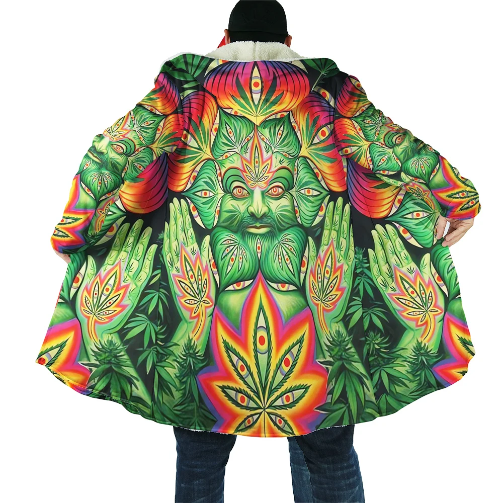 

CLOOCL Winter Mens Hooded Cloak Fashion Weeds 3D Graphics Printed Fleece Hooded Coat Women Casual Jacket Pockets Cape Coats