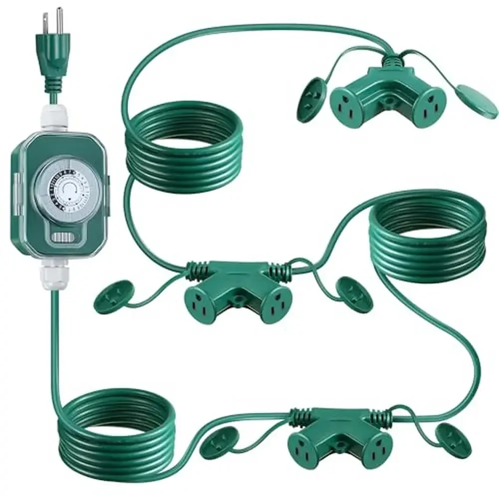 40FT Outdoor Extension Cord 6 Outlet Plugs Mechanical Timer Green Power Cord Heavy Duty Weatherproof Programmable Timer Festive