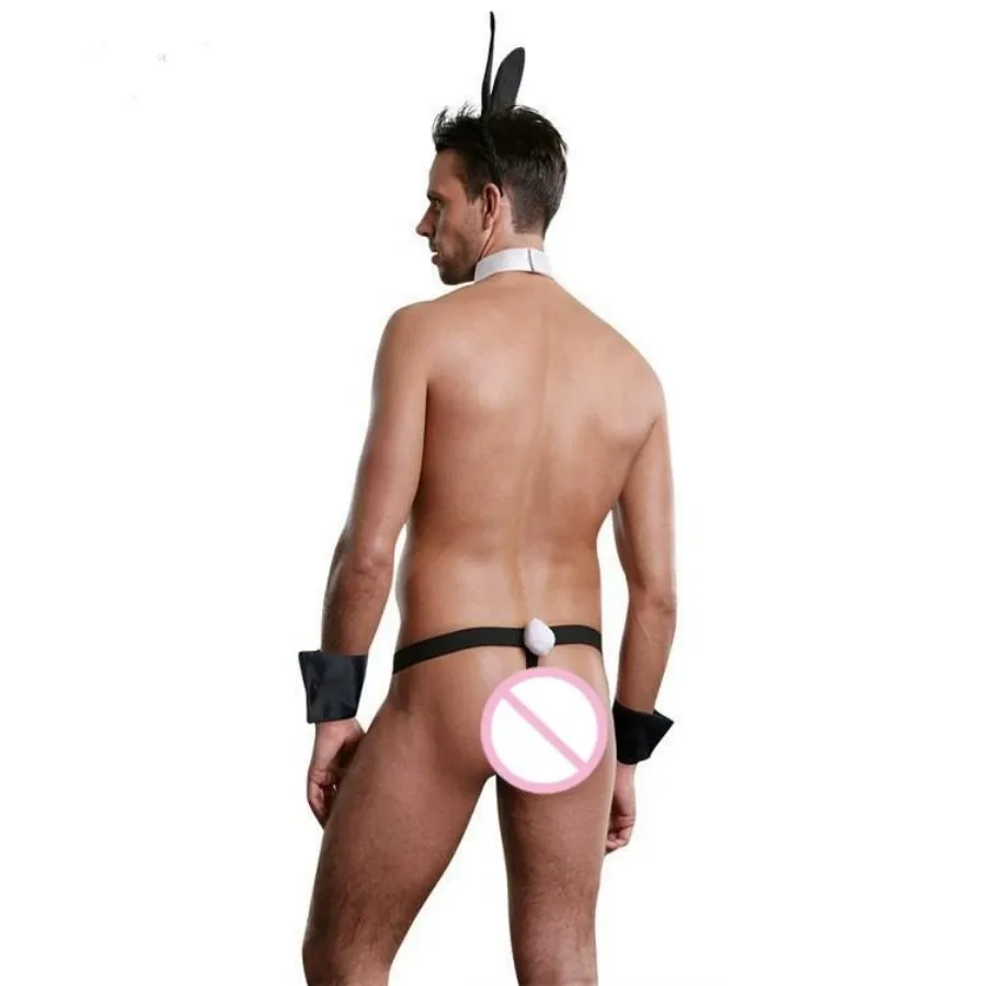 رجل الأرنب زي خادمة تأثيري الملابس الداخلية مجموعة الرجال أرنب حفلة دور اللعب موحدة ثونغ آذان الأرنب عقال طوق الجنس الملابس الداخلية
