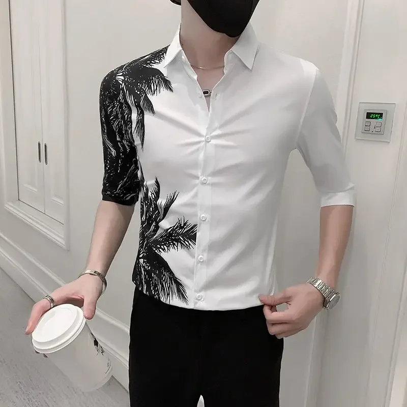 Handsome Men\'s Clothing Fashion Thin New Printing Asymmetrical Button Elbow Sleeve Spring Summer Turn-down Collar Man Shirts