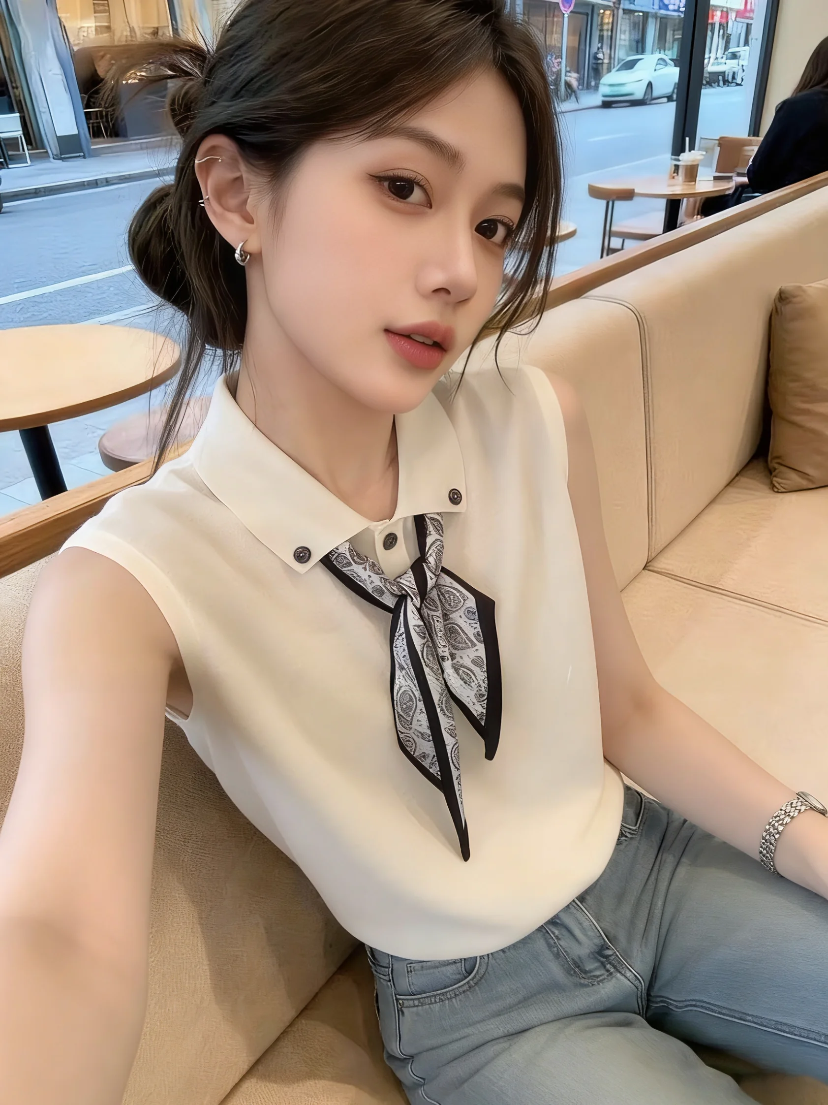 

Korean Style Collar Sleeveless Vest Women's Summer New High-End Sense Age Reduction Top Self-Keeping Model Silk Scarf