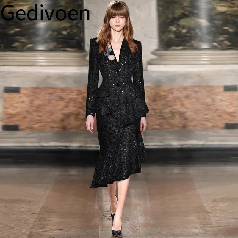 Gedivoen Autumn and Winter Women's Suit Appliques Single-Breasted Asymmetrical Tops+Slim Mermaid Skirt Sequins 2 piece set