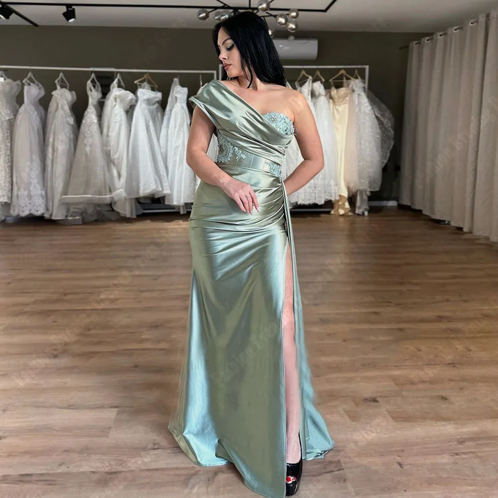 

Sexy One Shoulder Sleeve Mermaid Women Evening Dresses Sexy High Fork Satin Prom Gowns Formal Cocktail Princess Vestido De Noche