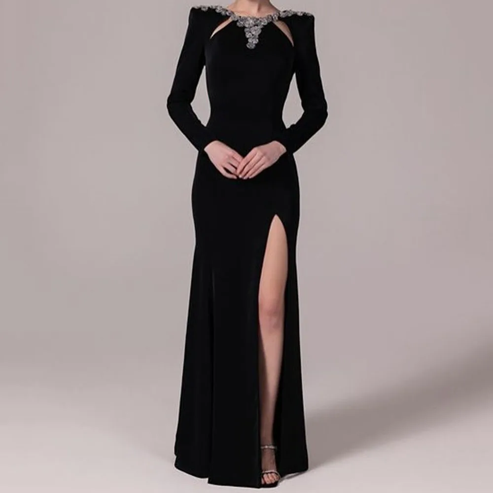 

Customized A-line Evening Dresses Floor-length O-neck Full Sleeve Prom Gown Fashion Flowers Side-split Simple Draped Party Gown