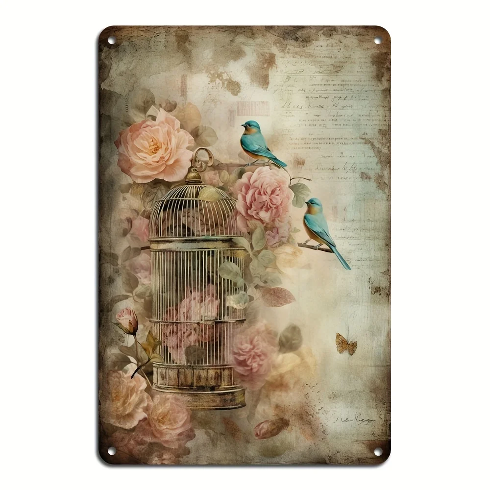 Décoration murale en fer avec trous pré-percés, cage à oiseaux vintage et oiseau bleu avec poubelle, adaptée à la maison et au jardin, 1PC