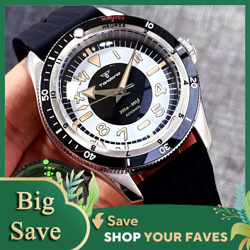 Tandorio Vintage 20ATM Dive Swim Watches Domed Sapphire Black White NH35 PT5000 40mm Automatic Mechanical Men Watch Luminous New