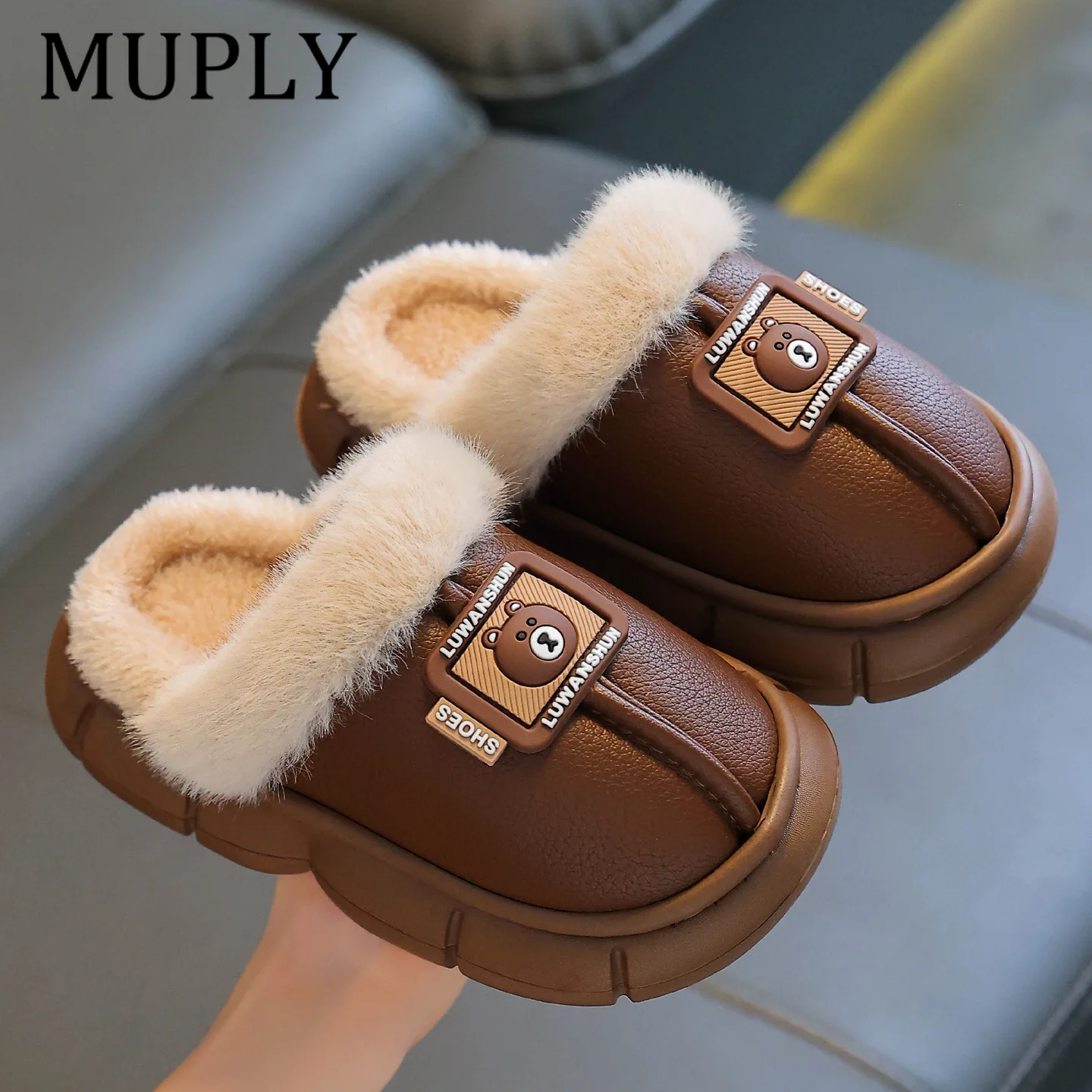 Boys Winter Slippers Indoor Plush Warm Children Slippers Home Waterproof Comfortable Non-Slip Thick Sole Plush Children Shoes