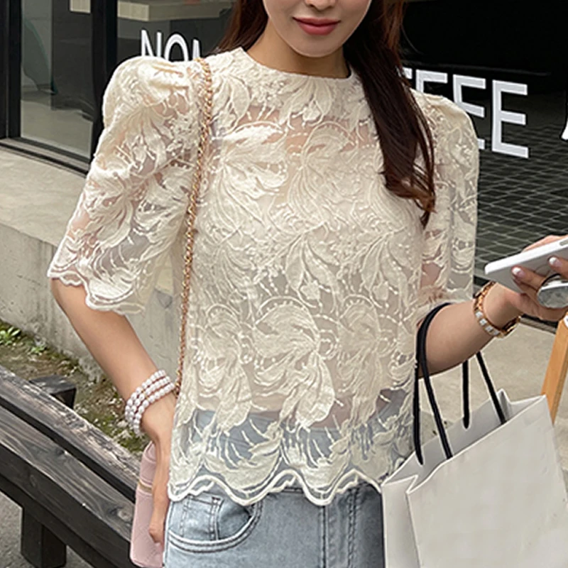 Embroidery Lace Blouse with Lining Two Piece Sets for Women Summer Korean See Through 2023 Sexy Mesh Elegant Tops Shirts 26727