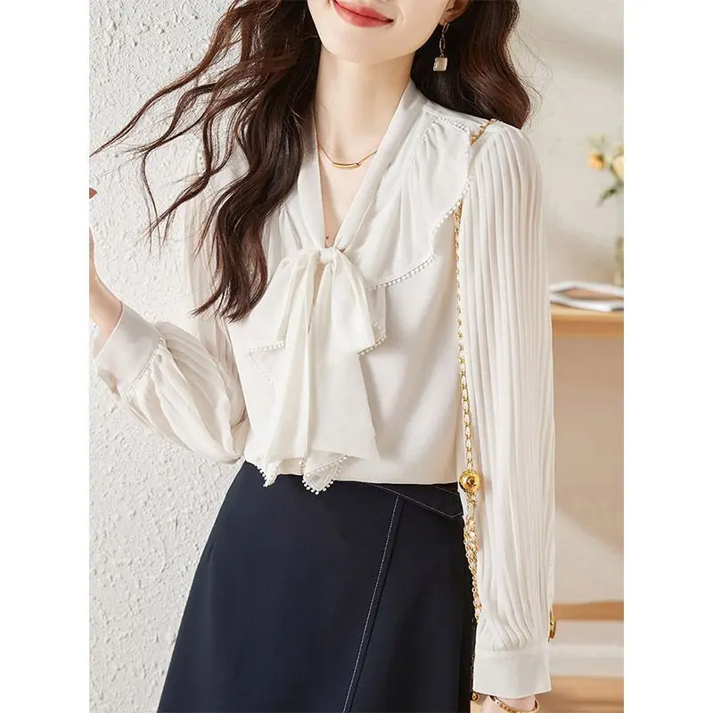 Sweet Ruffled Chiffon Shirt for Women with a New Design Sense Pleated Long Sleeved Fluttering Bow Top