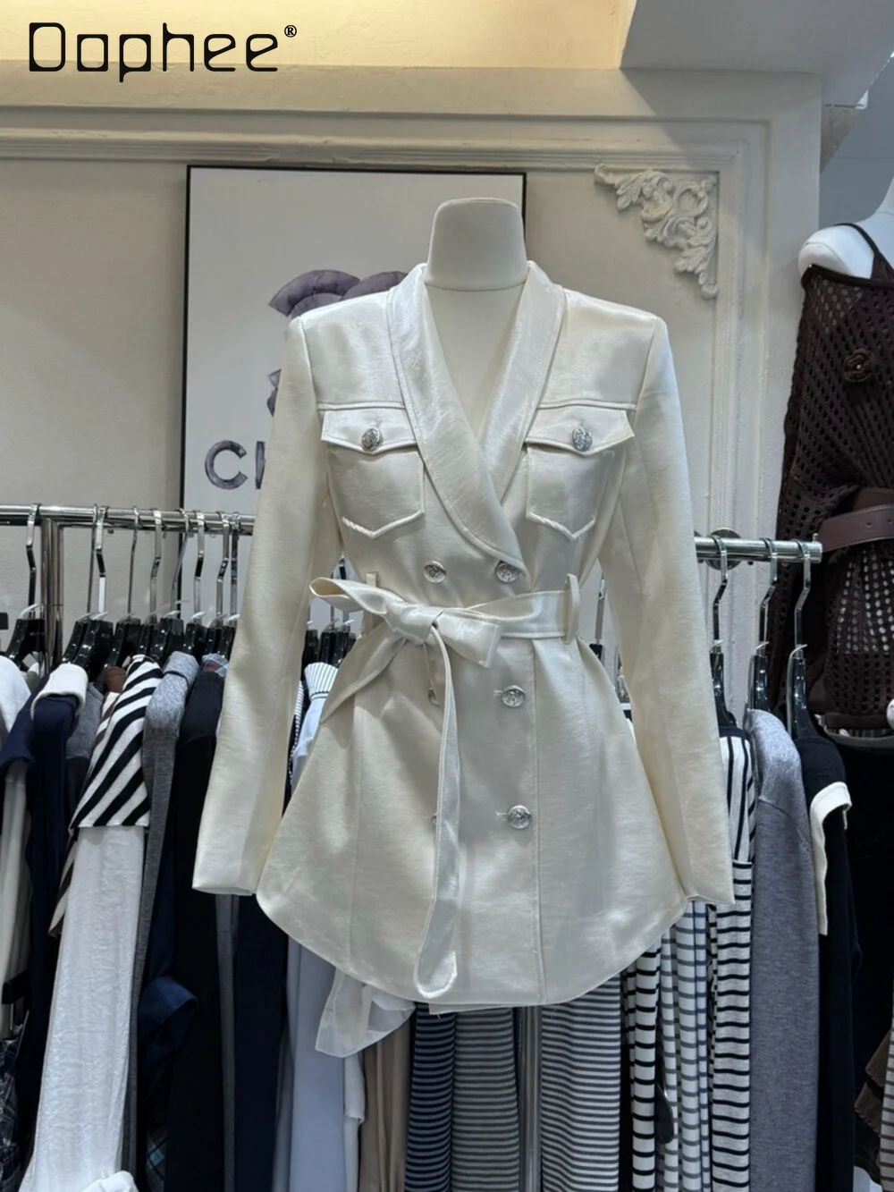 

White Satin Elegant Double-Breasted Blazer Coat for Women Autumn New French Style High End Socialite Mid-Length Slim Coats