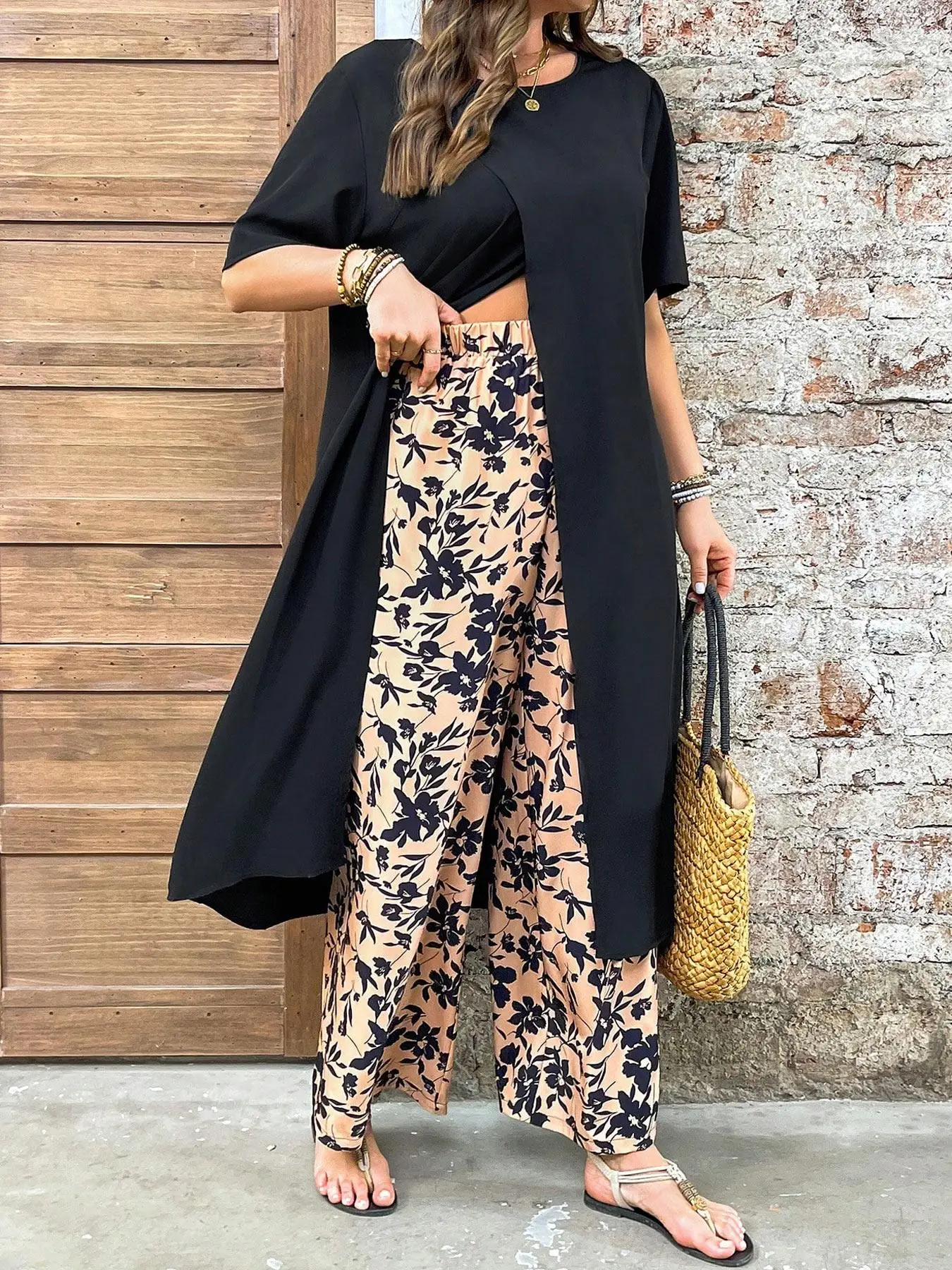 

【Plus Size】Two-Piece Set Solid Color Top & All Over Print Wide Leg Pants, Casual Fashion Cozy Top & Trousers for Daily Outdoor W