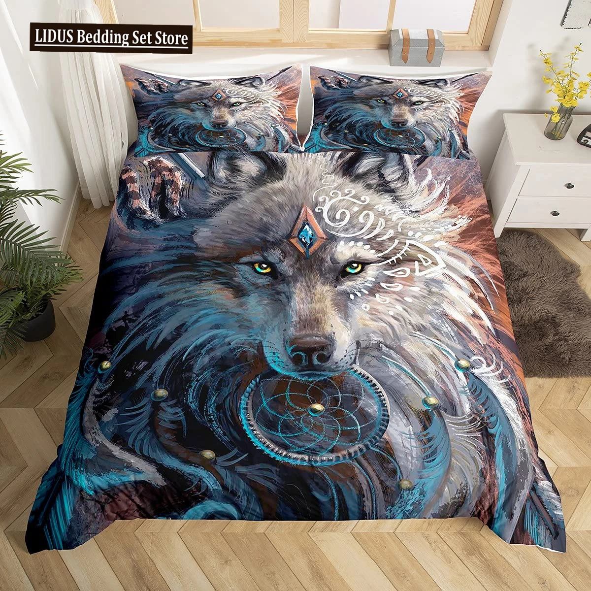 

Wolf Dreamcatcher Duvet Cover Set Full Size Indian Dreamcatcher Animal 3D Bedding Set Exotic Style Bohemia Comforter/Quilt Cover