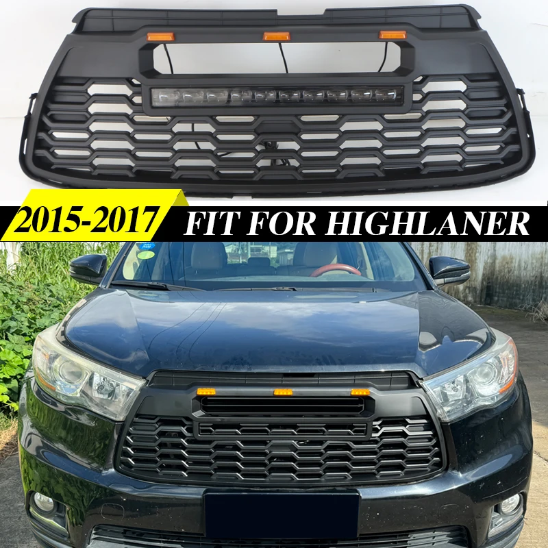

Front Grill Fit For 2015 2016 2017 Toyota Highlander W/Light Bar Matte Black Grille