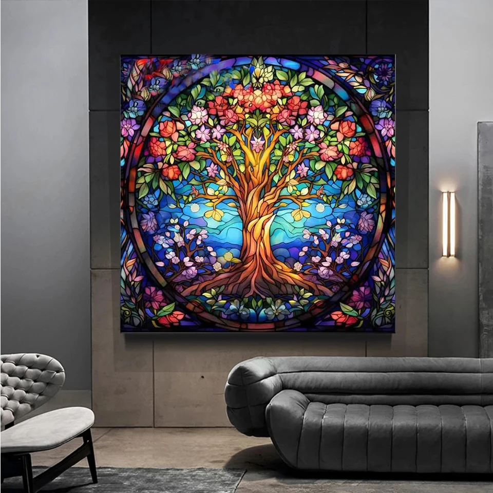 100x100cm Yggdrasil Stained Glass Tree of Life Diamond Painting Embroidery Cross Stitch Kit For Abstract Abstract Home Decor