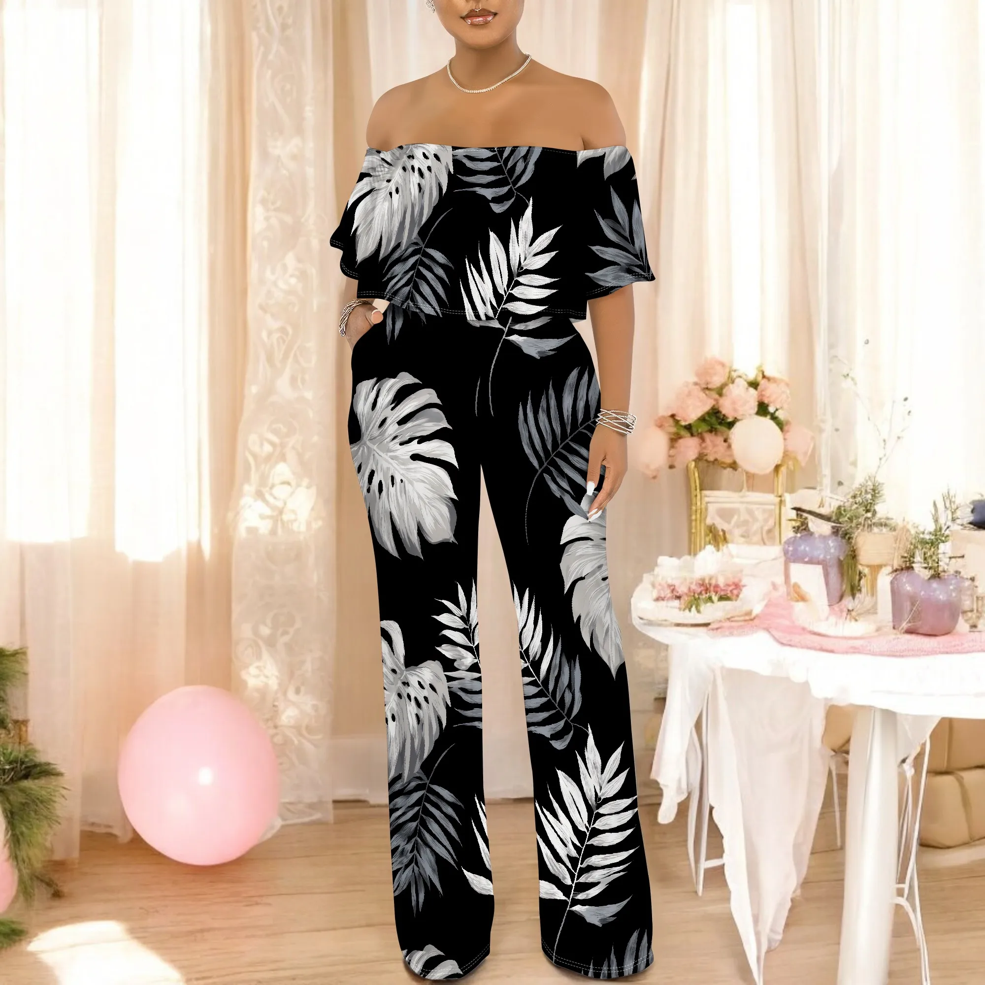 Conjuntos de verano de 2 piezas para mujer, top corto con hombros descubiertos, pantalones de pierna ancha, conjuntos de salón a juego