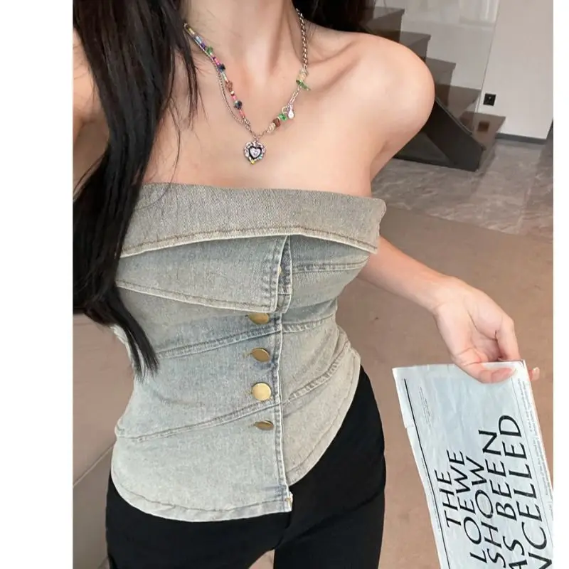 

Summer Denim Strapless Top Tube Crop Top Girl Slash Collar Strapless Female Buttons Sweet Hot Irregular For Slim Women