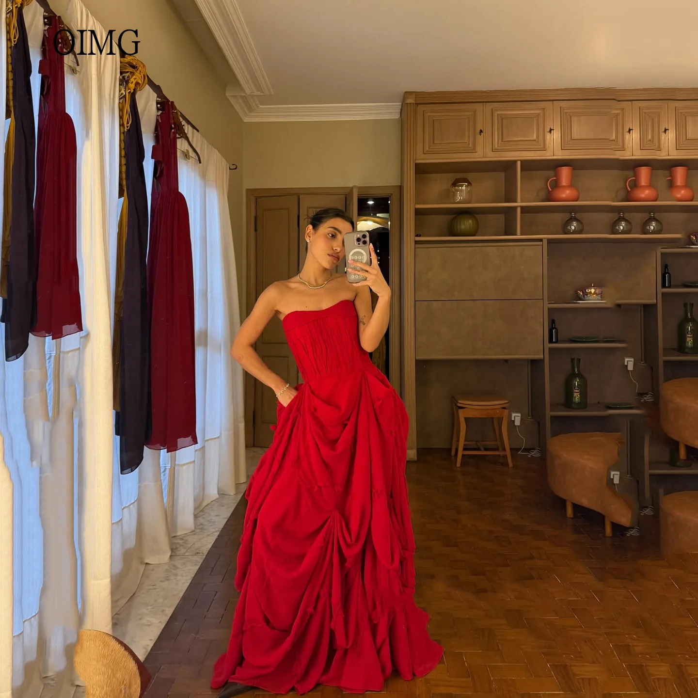 

OIMG Regal Red Strapless A Line Prom Gowns Backless Tiered Party Gown Floor Length Evening Dress vestidos de gala Customized