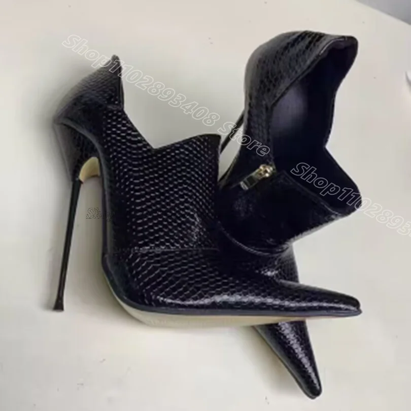 

Black Animal Pattern Leather Pumps Pointed Toe Side Zipper Metal Heels British Style Women Party Dress Pumps Zapatos Para Mujere