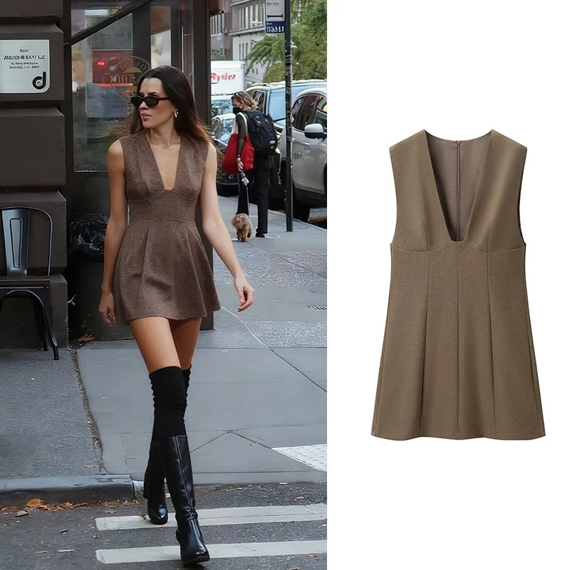 

CharmChant Deep V Neck Sleeveless Mini Dresses for Women Spring Autumn 2026 Elegant Chic Woman Casual Fashion Brown Short Dress