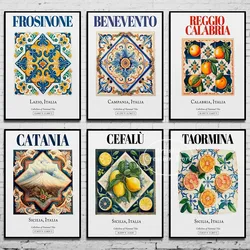Taormina Sicily Italy Colorful Oranges Tile Pattern Poster Canvas Painting Print Bedroom Aesthetic Wall Art Decor
