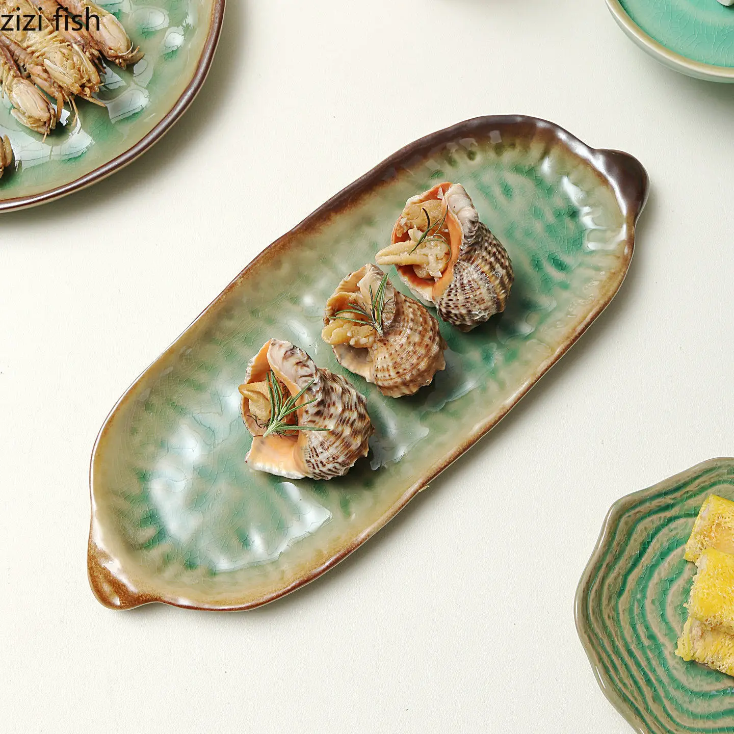 Kiln Changes Green Double Ear Plate Ceramic Steak Plate Pasta Dish Sushi Plate Fish Plates Serving Plates Restaurant Tableware