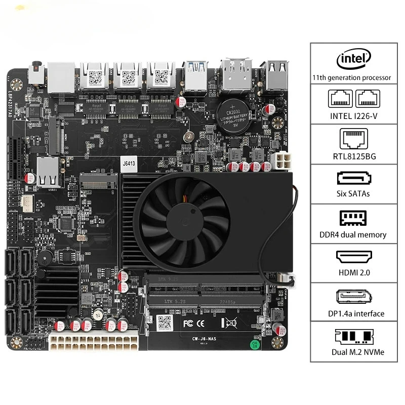 NAS Motherboard J6413 J6412 2*Intel i226-V 1*RTL8125BG 2.5G LANs 2*NVMe 6*SATA3.0 2*DDR4 1*PCIe Mini ITX Soft Router Mainboard