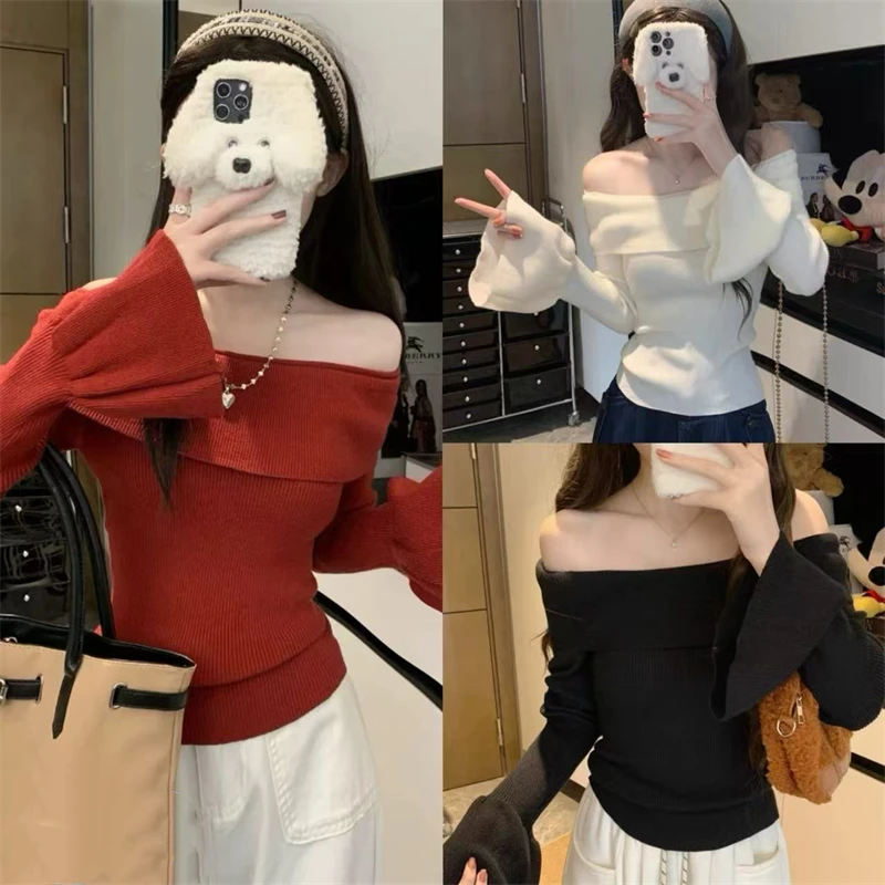 

Fashion Off Shoulder Knitted Sweater Women Flared Sleeve Slim Casual Base Bottoming Shirt Top Jumper